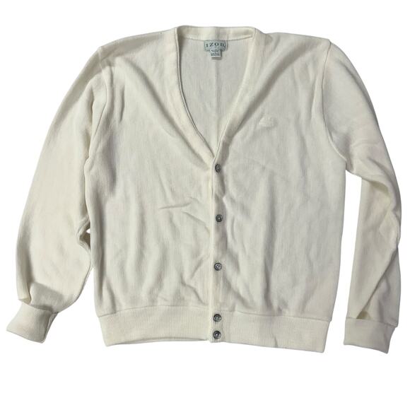 Izod Lacoste Large VTG Vintage Grandpa Cardigan Sweater Cream V-Neck Preppy - Picture 1 of 7